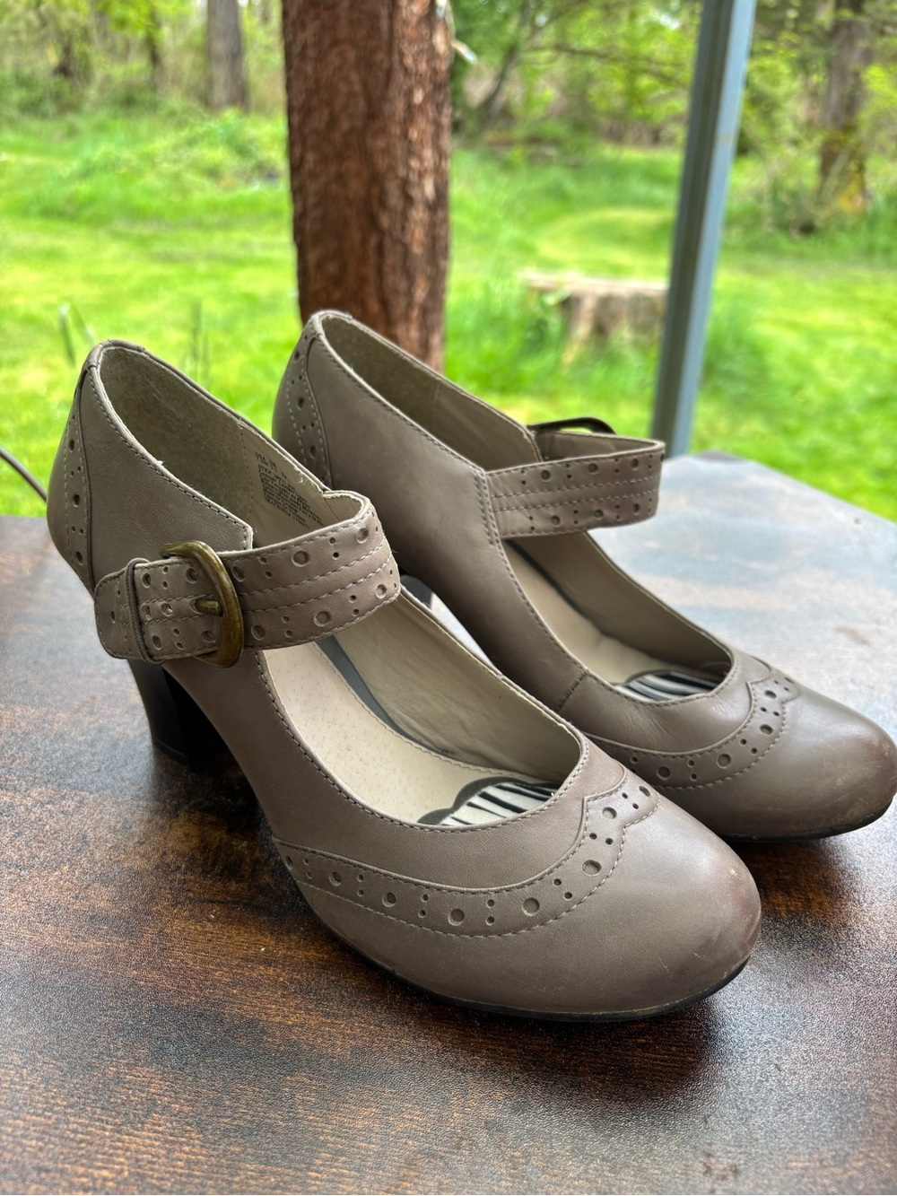 Taupe Mary Jane Heels with Buckle Strap - Women Shoes